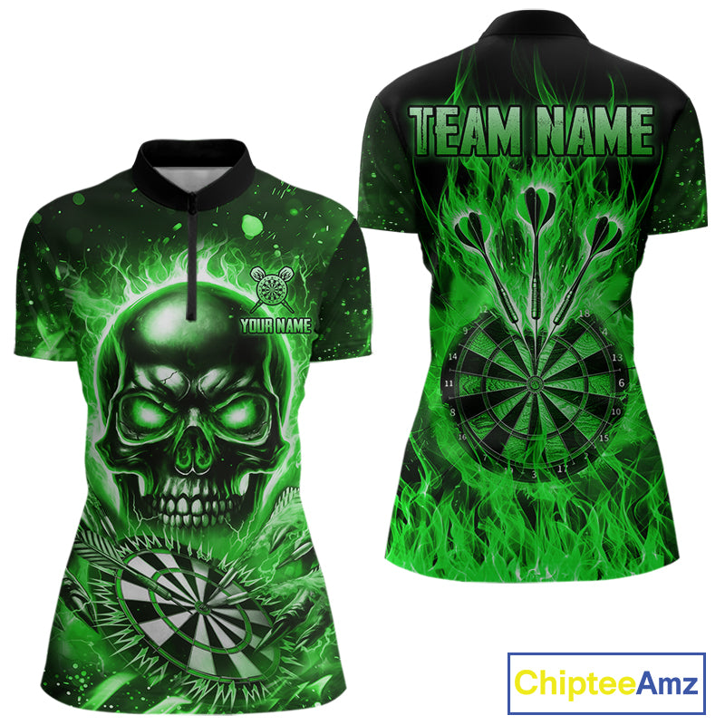 Green Flame Skull Dartboard Shirt For Women Custom Darts League Team Jersey Polo & Quarter Zip TDM5010
