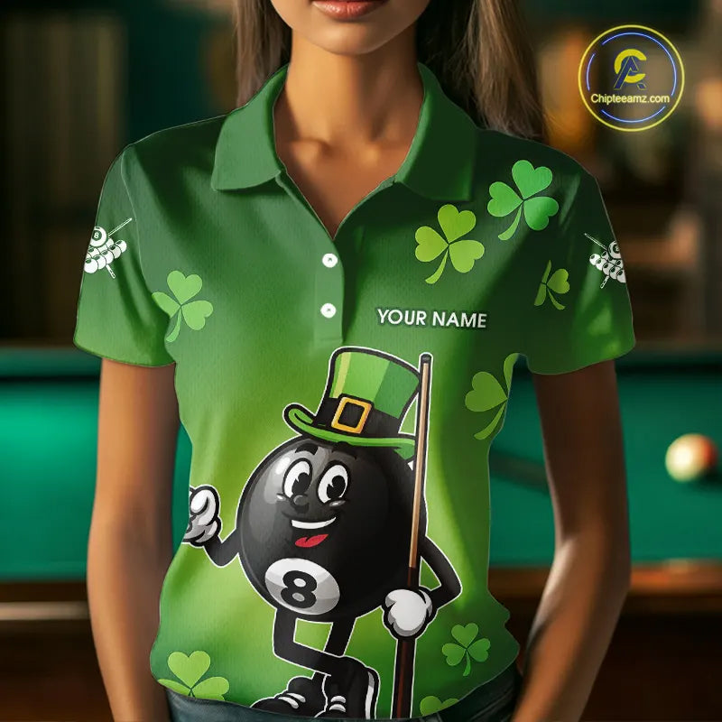 Green Funny 8 Ball Pool Shamrock Women's Billiard Shirt Custom St Patrick Day Billiard Team Jersey TDM5476