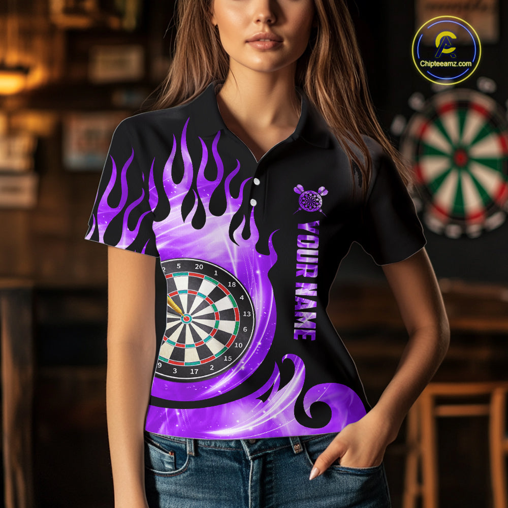 Black And Purple Custom Flame Light Darts Polo & 1/4 Zip For Women, Darts League Team Jersey TDM5480