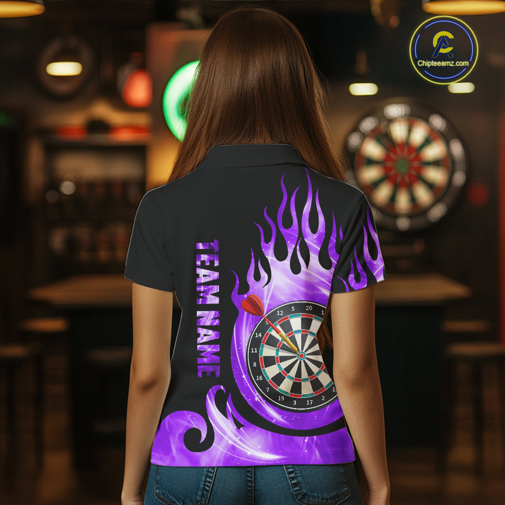 Black And Purple Custom Flame Light Darts Polo & 1/4 Zip For Women, Darts League Team Jersey TDM5480