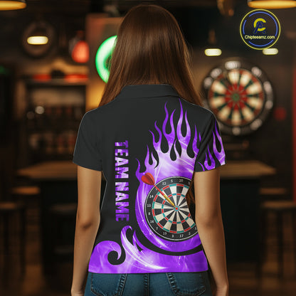 Black And Purple Custom Flame Light Darts Polo & 1/4 Zip For Women, Darts League Team Jersey TDM5480