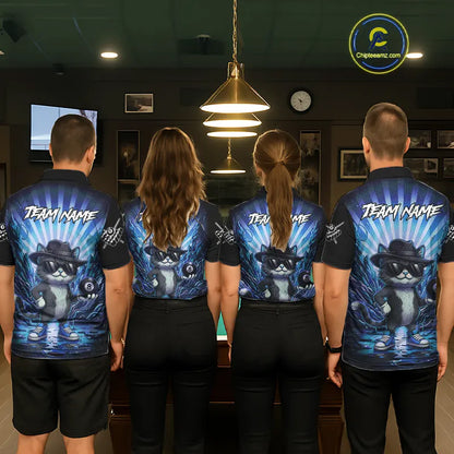 Funny Cat 8 Ball Billiard Shirt For Men Custom Blue Neon Graffiti Billiard Jersey Polo & 1/4 Zip TDM5742