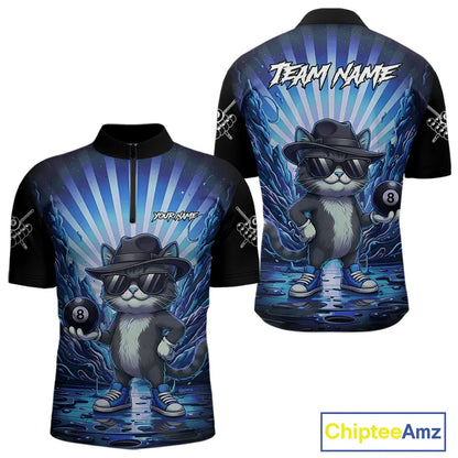 Funny Cat 8 Ball Billiard Shirt For Men Custom Blue Neon Graffiti Billiard Jersey Polo & 1/4 Zip TDM5742