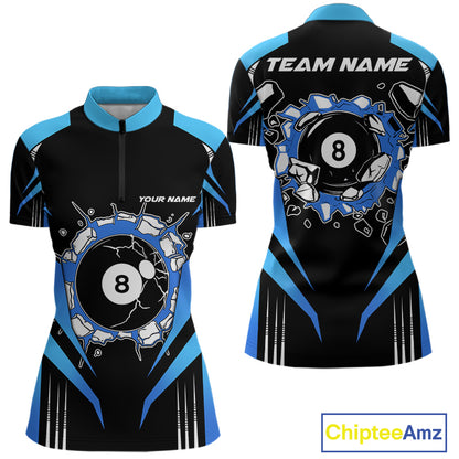 Funny Break 8 Ball Billiard Shirt For Women Custom Black And Blue Pool Team Jersey Polo, 1/4 Zip TDM6099