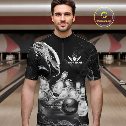 Black And White Custom Eagle Smoke Bowling Shirt For Men, Bowling Team Jersey Polo & 1/4 Zip TDM6356