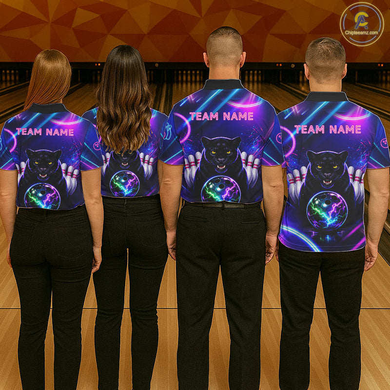 Neon Blue Purple Custom Panther Bowling Shirt For Men, Glowing Bowling Team Jersey Polo & 1/4 Zip TDM6358