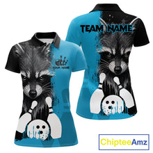 Load image into Gallery viewer, Black and blue raccoon bowling polo shirt for women with custom bowling team league graphics.