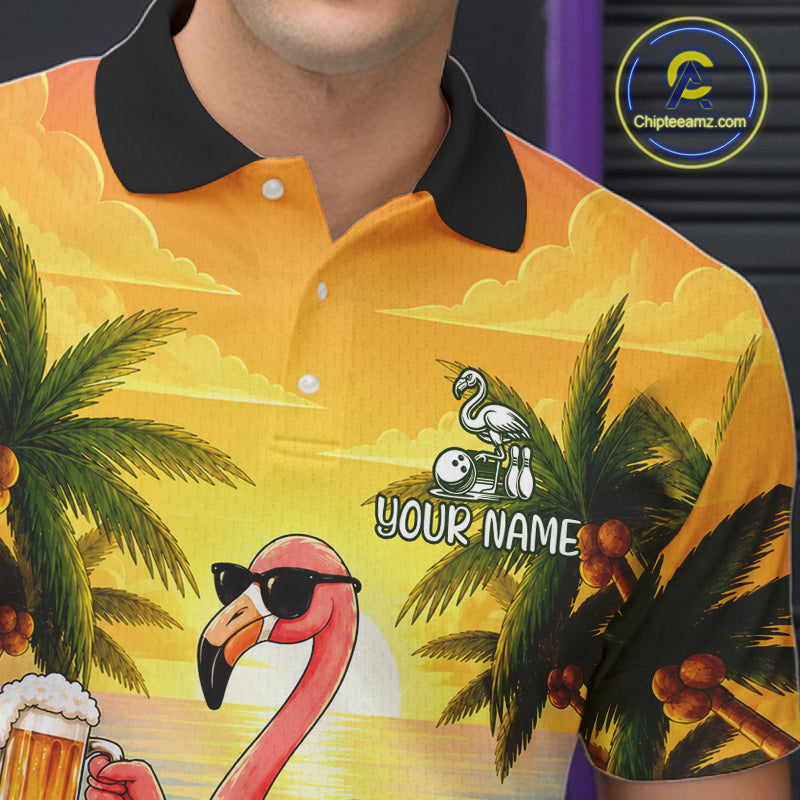 Close-up of a flamingo sunset tropical bowling polo shirt collar, buttons, and tropical artwork details.