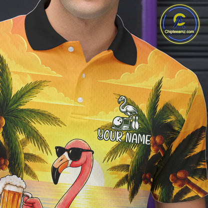 Close-up of a flamingo sunset tropical bowling polo shirt collar, buttons, and tropical artwork details.