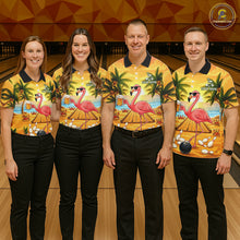 Load image into Gallery viewer, Bowling team wearing matching flamingo sunset tropical bowling jerseys during league matches front view.