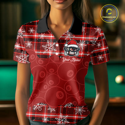Funny Santa 8 Ball Pool Women's Billiard Shirt Custom Red Plaid Snowflake Christmas Billiard Jersey TDM5223