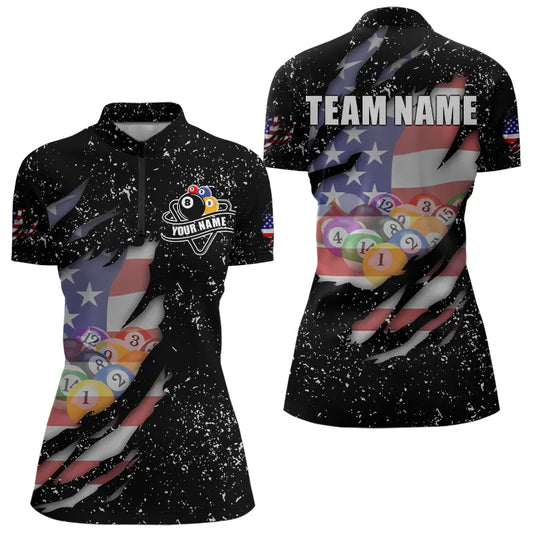 Personalized Grunge Black American Flag Billiard Shirts For Women Custom 8 Ball Pool Billiard Jersey TDM3743