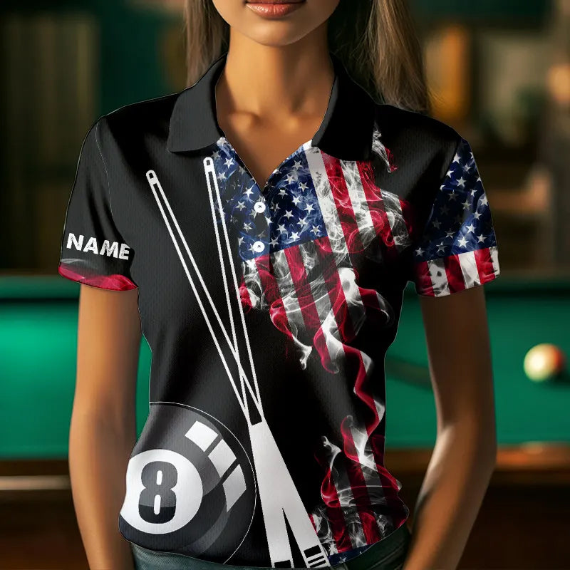 Personalized US Flag Smoke 8 Ball Pool Billiard Shirt For Women Custom Patriotic Billiard Team Jersey TDM3744