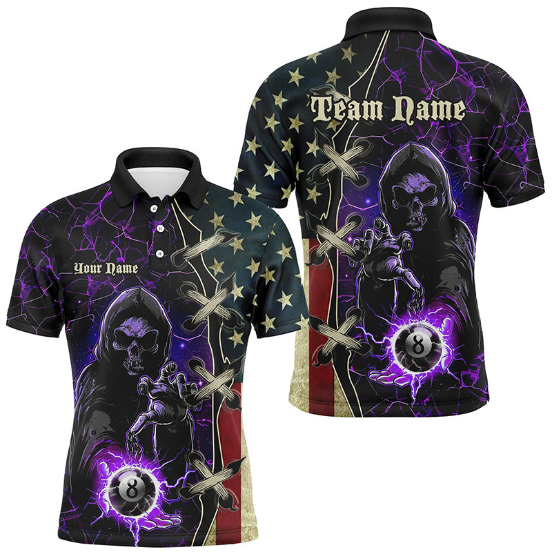Purple Grim Reaper Lightning US Flag Billiard Shirts For Men, Patriotic Team League Pool Jerseys TDM1836