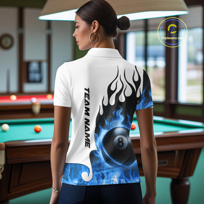 Personalized Blue 8 Ball Fire Flame Women's Billiard Shirt Custom Pool Team Jersey Polo & 1/4 Zip TDM5230