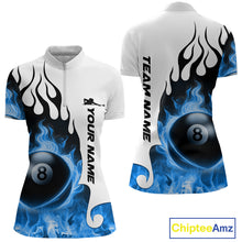 Load image into Gallery viewer, Personalized Blue 8 Ball Fire Flame Women's Billiard Shirt Custom Pool Team Jersey Polo &amp; 1/4 Zip TDM5230