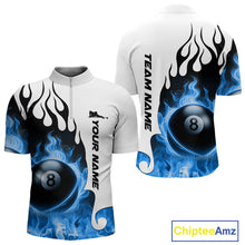 Load image into Gallery viewer, Personalized Blue 8 Ball Fire Flame Men's Billiard Shirt Custom Pool Team Jersey Polo &amp; 1/4 Zip TDM5230