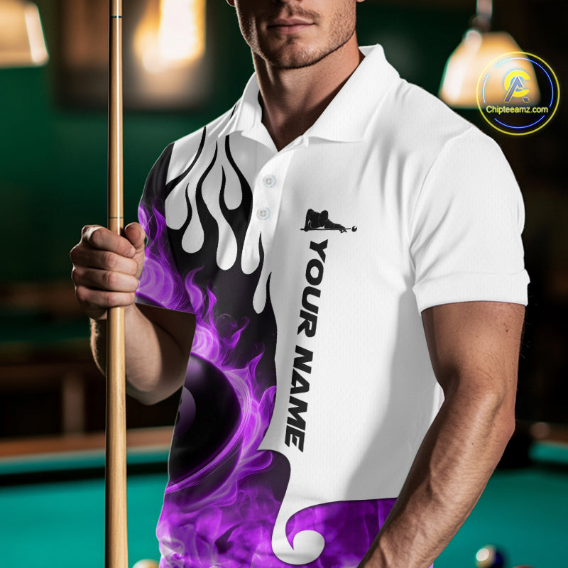 Personalized Purple 8 Ball Fire Flame Men's Billiard Shirt Custom Pool Team Jersey Polo & 1/4 Zip TDM5231