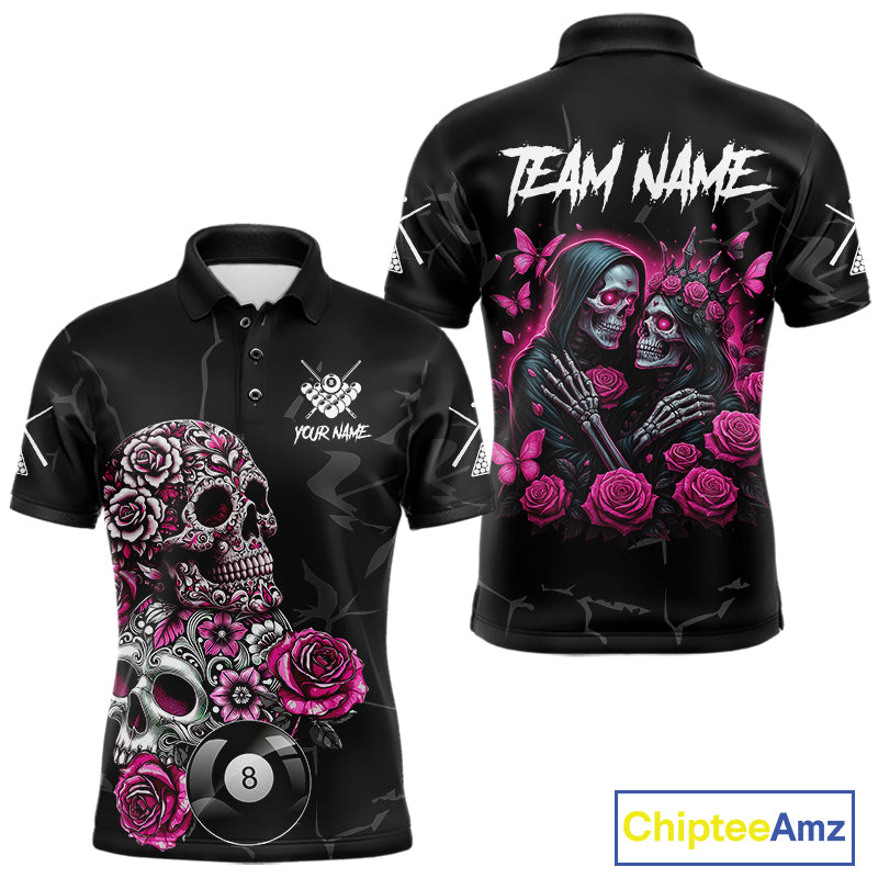 Personalized Pink 8 Ball Skull Roses Billiard Shirt For Men Custom Valentine Billiard Gifts TDM5750