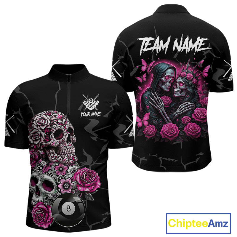 Personalized Pink 8 Ball Skull Roses Billiard Shirt For Men Custom Valentine Billiard Gifts TDM5750