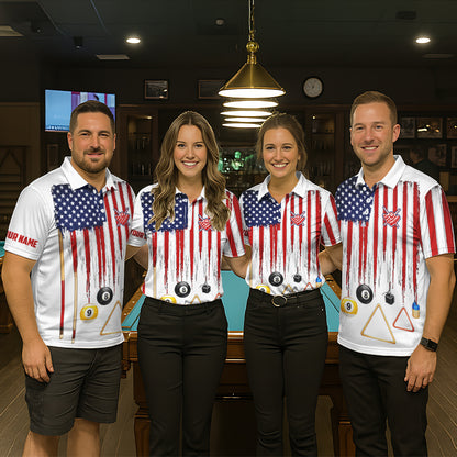 American Flag Billiard Shirt For Men Custom Patriotic Pool Team Jersey Polo & 1/4 Zip |White TDM5753