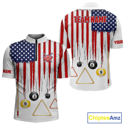 American Flag Billiard Shirt For Men Custom Patriotic Pool Team Jersey Polo & 1/4 Zip |White TDM5753