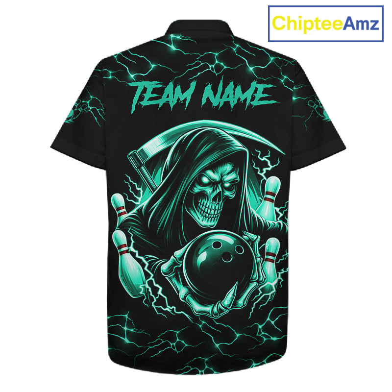 Turquoise Grim Reaper Lightning Hawaiian Bowling Shirt For Men Women, Bowling Team Jersey TDM5951