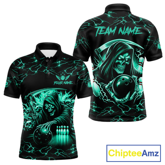 Custom Turquoise Grim Reaper Lightning Bowling Shirt For Men, Bowling Jersey Team Polo & 1/4 Zip TDM5951