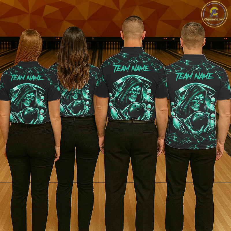 Custom Turquoise Grim Reaper Lightning Bowling Shirt For Women, Bowling Jersey Team Polo & 1/4 Zip TDM5951