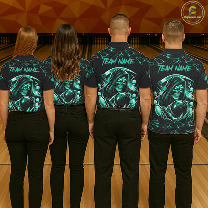 Custom Turquoise Grim Reaper Lightning Bowling Shirt For Women, Bowling Jersey Team Polo & 1/4 Zip TDM5951