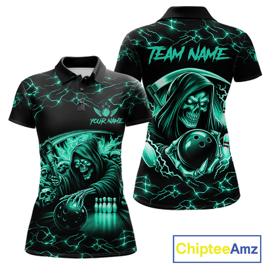 Custom Turquoise Grim Reaper Lightning Bowling Shirt For Women, Bowling Jersey Team Polo & 1/4 Zip TDM5951