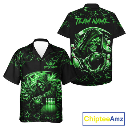 Green Grim Reaper Lightning Hawaiian Bowling Shirt For Men Women, Skull Bowling Team Jersey TDM5952