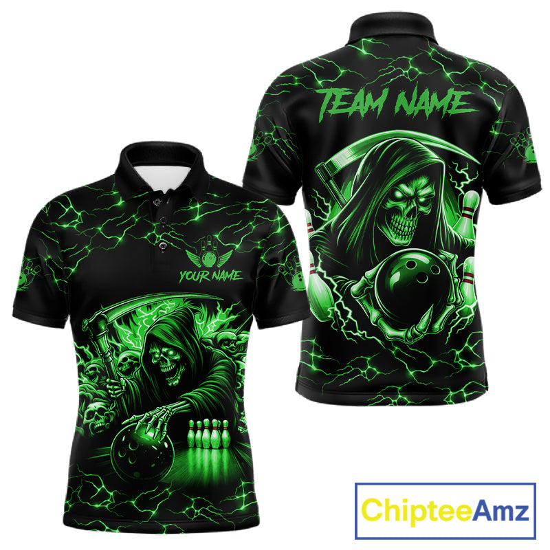Custom Green Grim Reaper Lightning Bowling Shirt For Men, Skull Bowling Jersey Team Polo & 1/4 Zip TDM5952