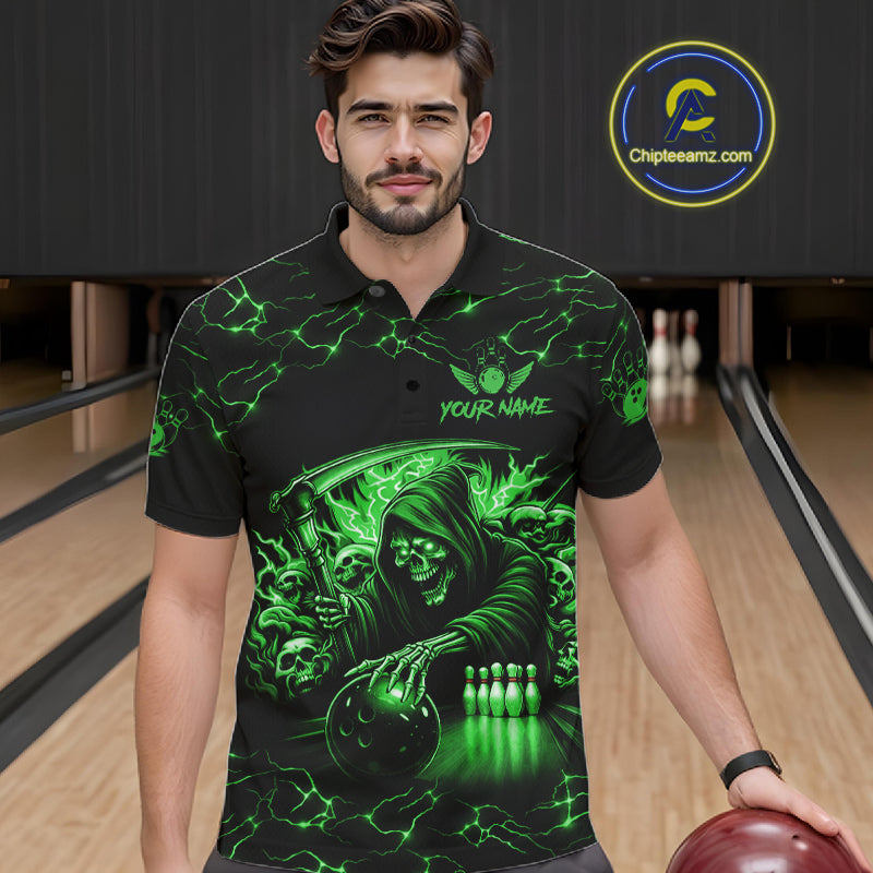Custom Green Grim Reaper Lightning Bowling Shirt For Men, Skull Bowling Jersey Team Polo & 1/4 Zip TDM5952