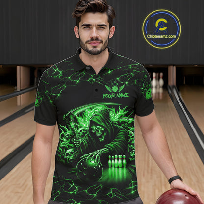Custom Green Grim Reaper Lightning Bowling Shirt For Men, Skull Bowling Jersey Team Polo & 1/4 Zip TDM5952