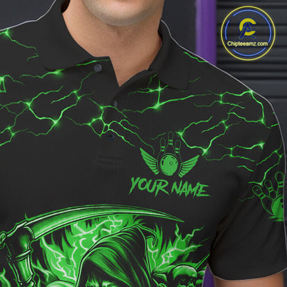 Custom Green Grim Reaper Lightning Bowling Shirt For Men, Skull Bowling Jersey Team Polo & 1/4 Zip TDM5952
