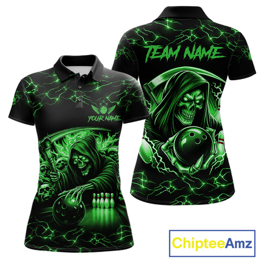 Custom Green Grim Reaper Lightning Bowling Shirt For Women, Skull Bowling Jersey Team Polo & 1/4 Zip TDM5952