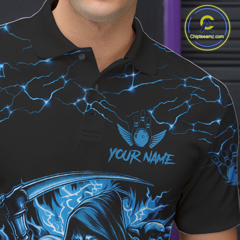 Custom Blue Grim Reaper Lightning Bowling Shirt For Men, Skull Bowling Jersey Team Polo & 1/4 Zip TDM5953