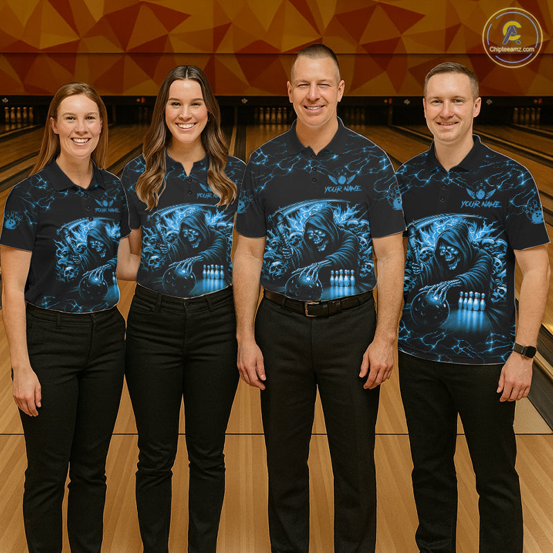 Custom Blue Grim Reaper Lightning Bowling Shirt For Men, Skull Bowling Jersey Team Polo & 1/4 Zip TDM5953