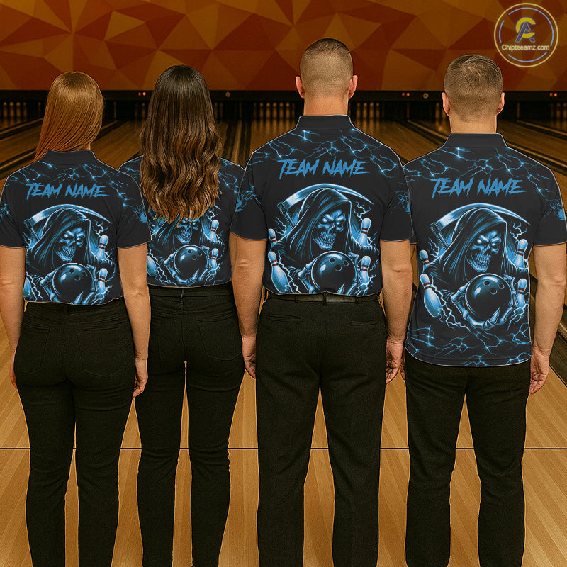 Custom Blue Grim Reaper Lightning Bowling Shirt For Men, Skull Bowling Jersey Team Polo & 1/4 Zip TDM5953
