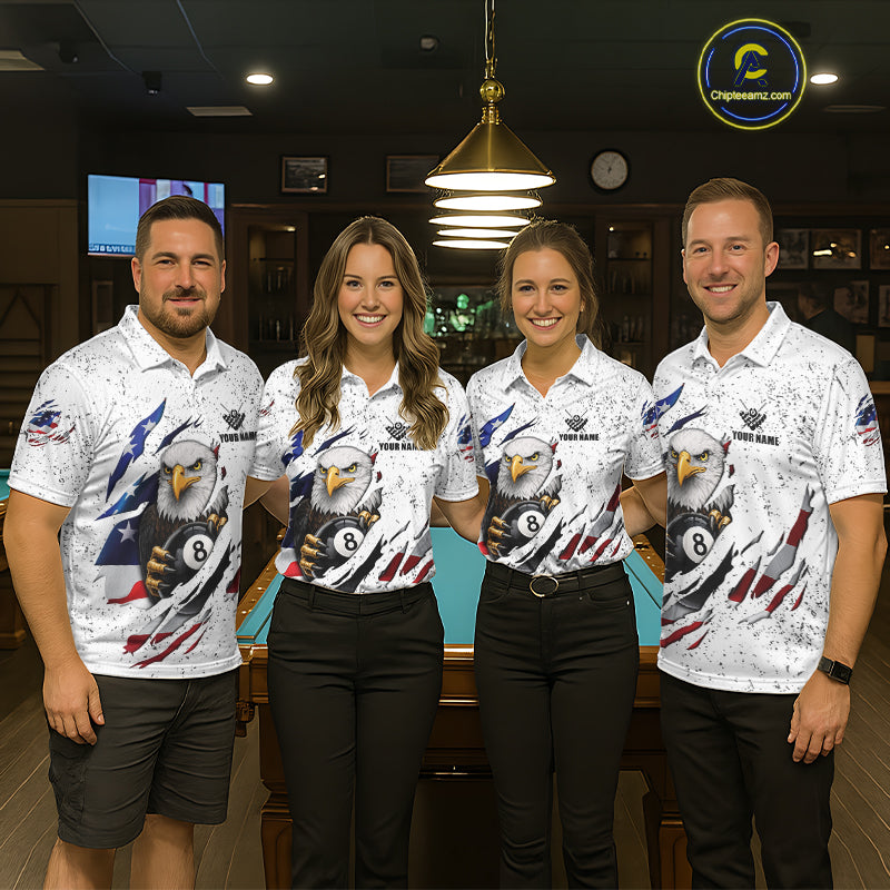 White Grunge US Flag Eagle Billiard Shirt For Men Custom 8 Ball Pool Team Jersey Polo & 1/4 Zip TDM5956