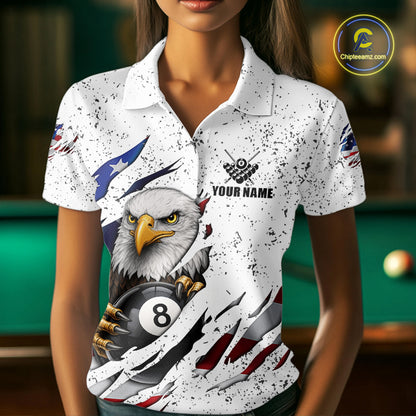 Custom Eagle 8 Ball Billiard Jersey For Women, Grunge American Flag Pool Team Shirt Polo & 1/4 Zip TDM5957