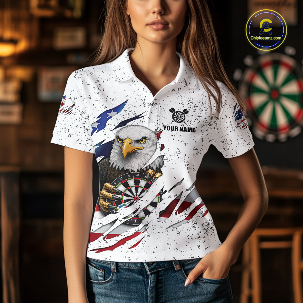 Custom Eagle Darts Jersey For Women, Grunge American Flag Patriotic Darts Team Shirt Polo & 1/4 Zip TDM5959
