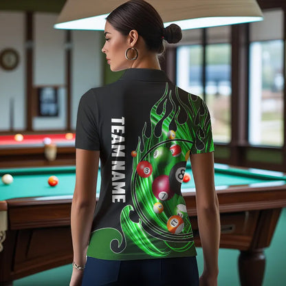 3D Billiard Balls Fire Flame Custom Pool Shirts For Women, Billiard League Team Jerseys | Green TDM3754