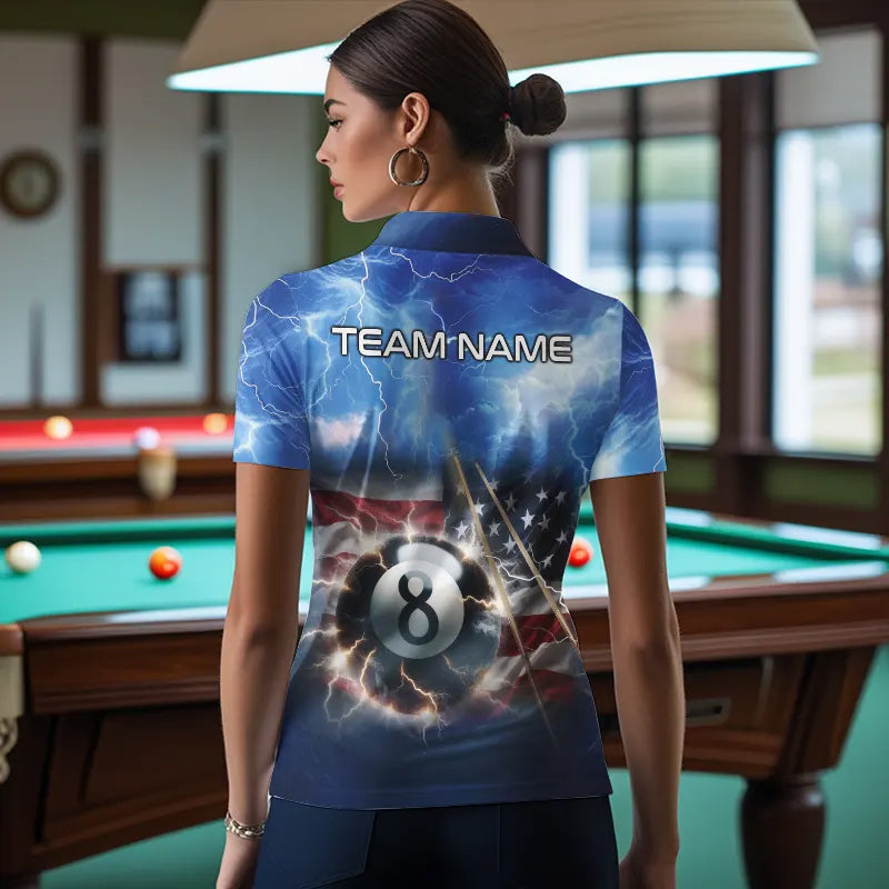American Flag Thunder Lightning 8 Ball Pool Billiard Shirts For Women Customized Billiard Team Jersey TDM3756