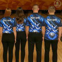 Load image into Gallery viewer, Custom Blue Flaming Silver Bowling Jersey For Men, Bowling League Team Shirts Polo &amp; Quarter Zip TDM6549