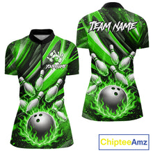 Load image into Gallery viewer, Custom Green Flaming Silver Bowling Jersey For Women, Bowling League Team Shirts Polo &amp; Quarter Zip TDM6551