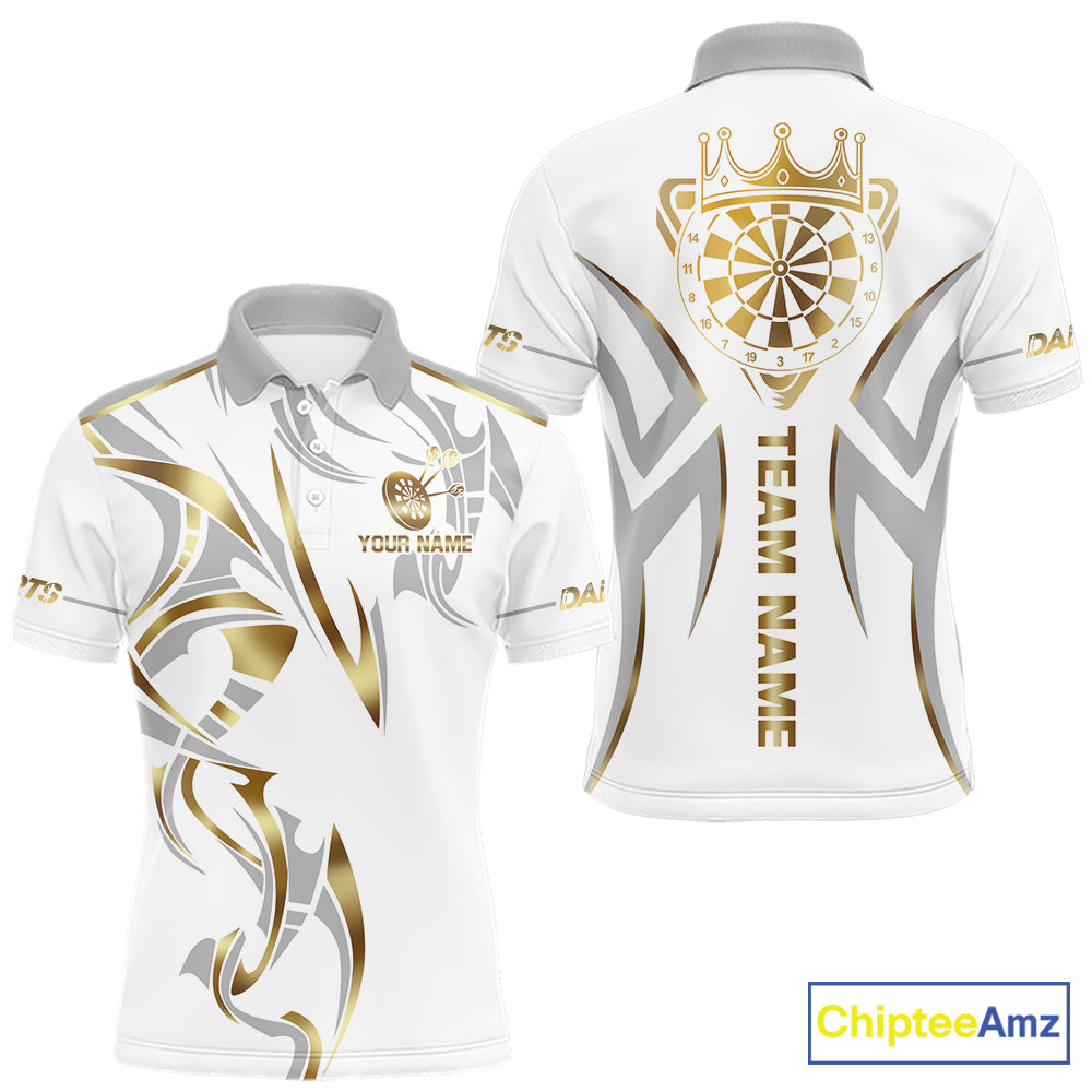White and gold dartboard crown darts polo shirt for men with custom darts team graphics.