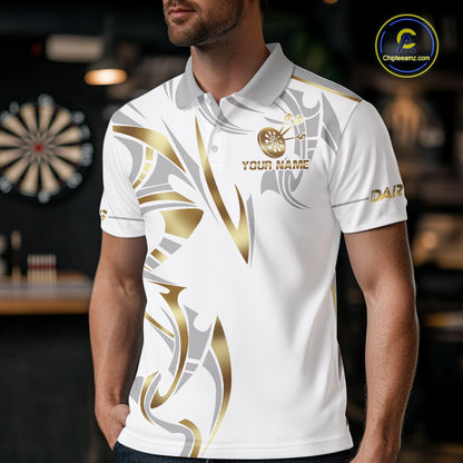Man wearing a white and gold dartboard crown darts jersey front view.
