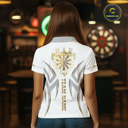 Back view of woman wearing a white and gold dartboard crown darts shirt.